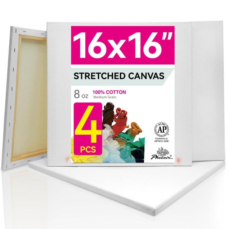 PHOENIX Stretched Canvas for Painting 16x16 Inch/4 Value Pack, 8 Oz Triple Primed 5/8 Inch Profile 100% Cotton White Blank Canvas, Square Framed Canvas for Oil Acrylic & Pouring Art - Image 1